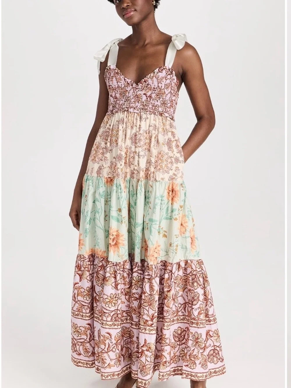 Free People Floral Tiered Maxi Dress with Tie Straps - Pink & Mint